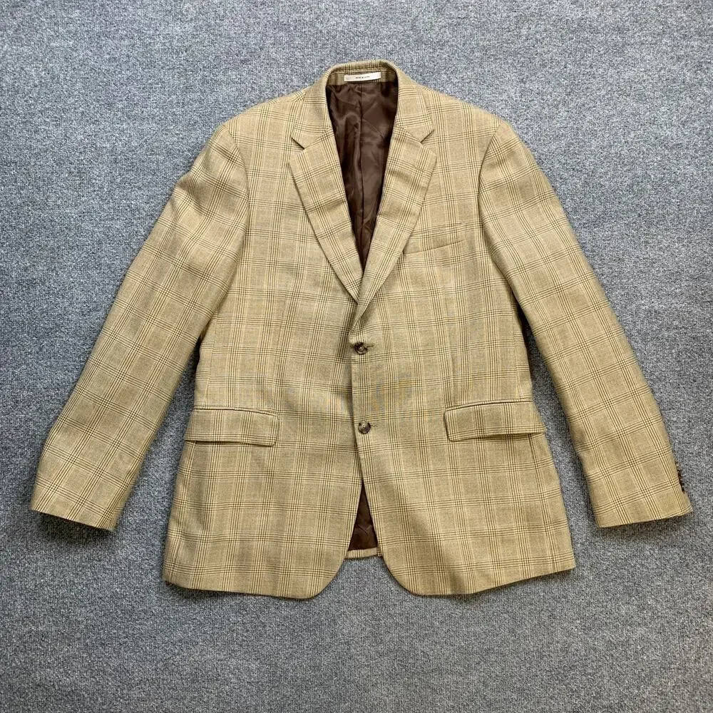 John W Nordstrom Blazer Men 44L Long Straw Beige Blue‎ Plaid Wool Silk Blend